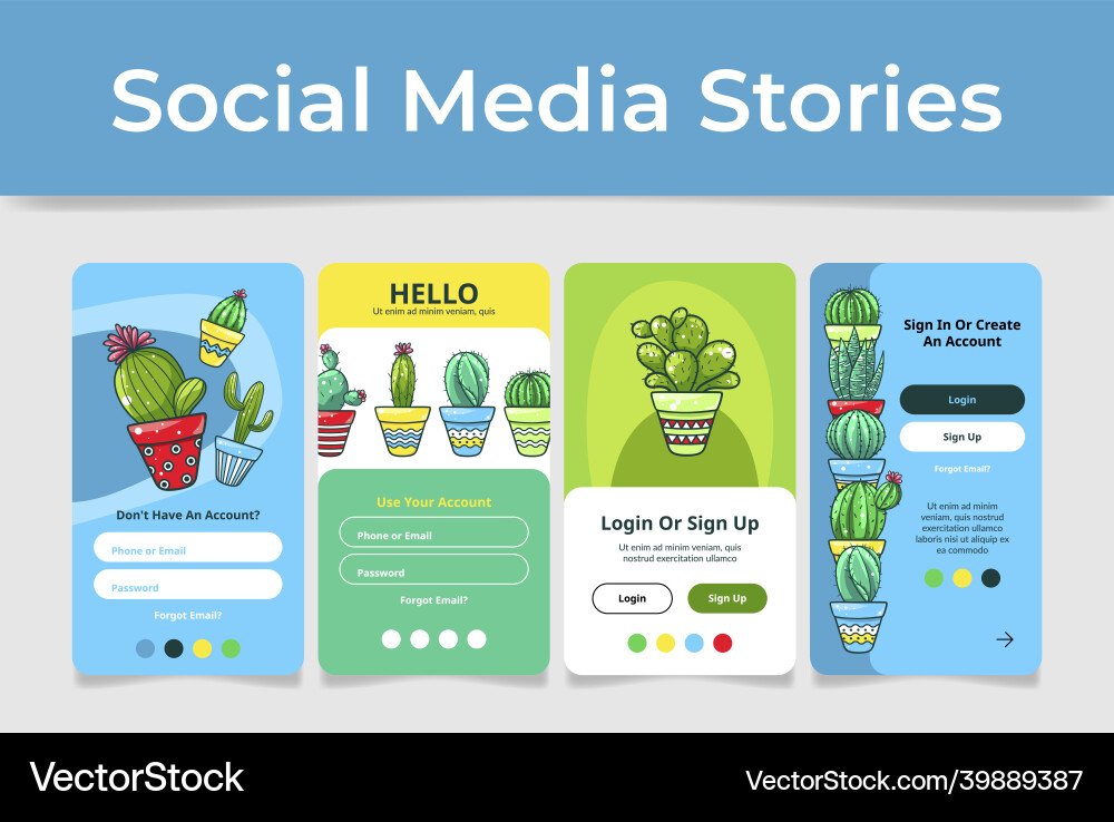 Log in sign up form page cartoon cactus design set Log in sign up form page cartoon cactus design set vector image