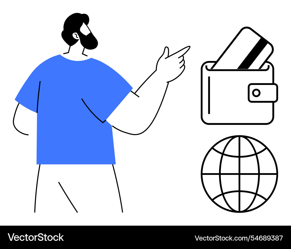 Man pointing at wallet with credit card and globe Man pointing at wallet with credit card and globe Vector Image