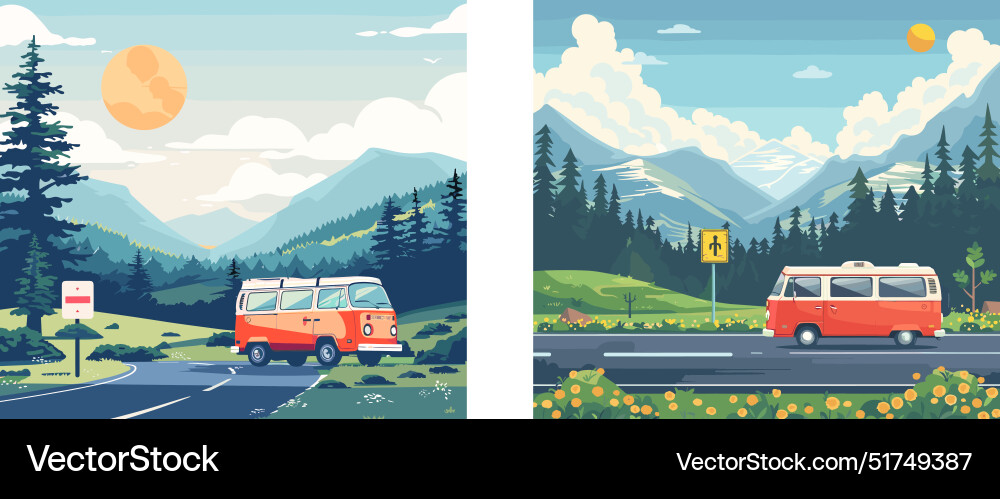 Road Trip Cartoon Konzepte Minivan Autobahn Road Trip Cartoon Konzepte Minivan Autobahn vektorbild