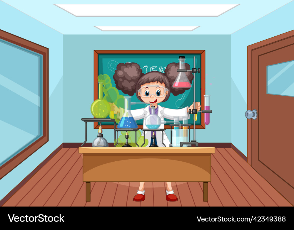 Classroom scene with scientist doing experiment Classroom scene with scientist doing experiment vector image