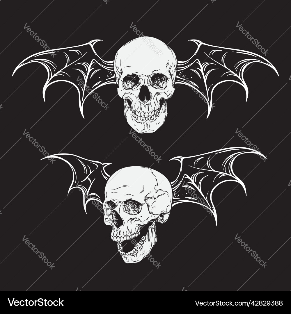Flying human skulls with bat wings set isolated Flying human skulls with bat wings set isolated vector image