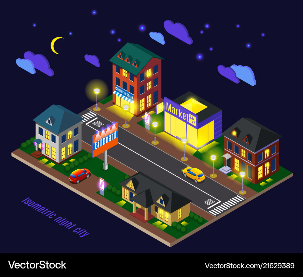 Night suburb isometric composition Night suburb isometric composition vector image