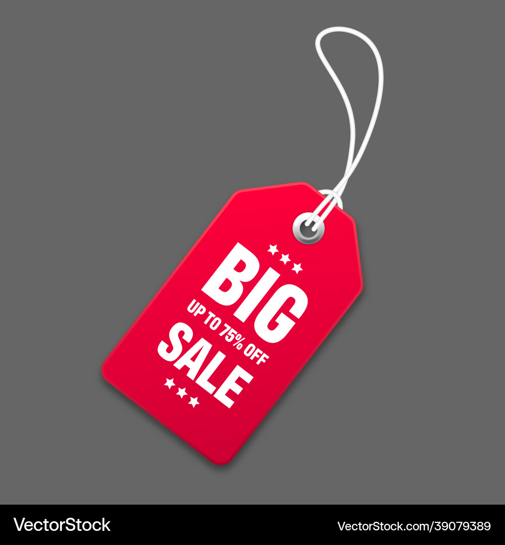 Realistic red price tag with white string on gray Realistic red price tag with white string on gray vector image