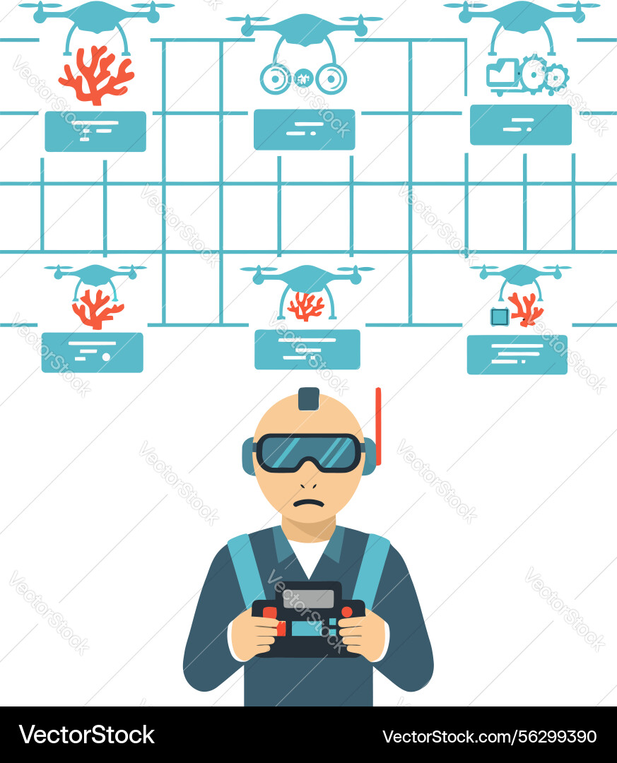 Man operating underwater drones with virtual Man operating underwater drones with virtual vector image