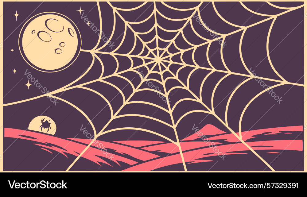 Spiderweb in a moonlit desert with distant planet vector image