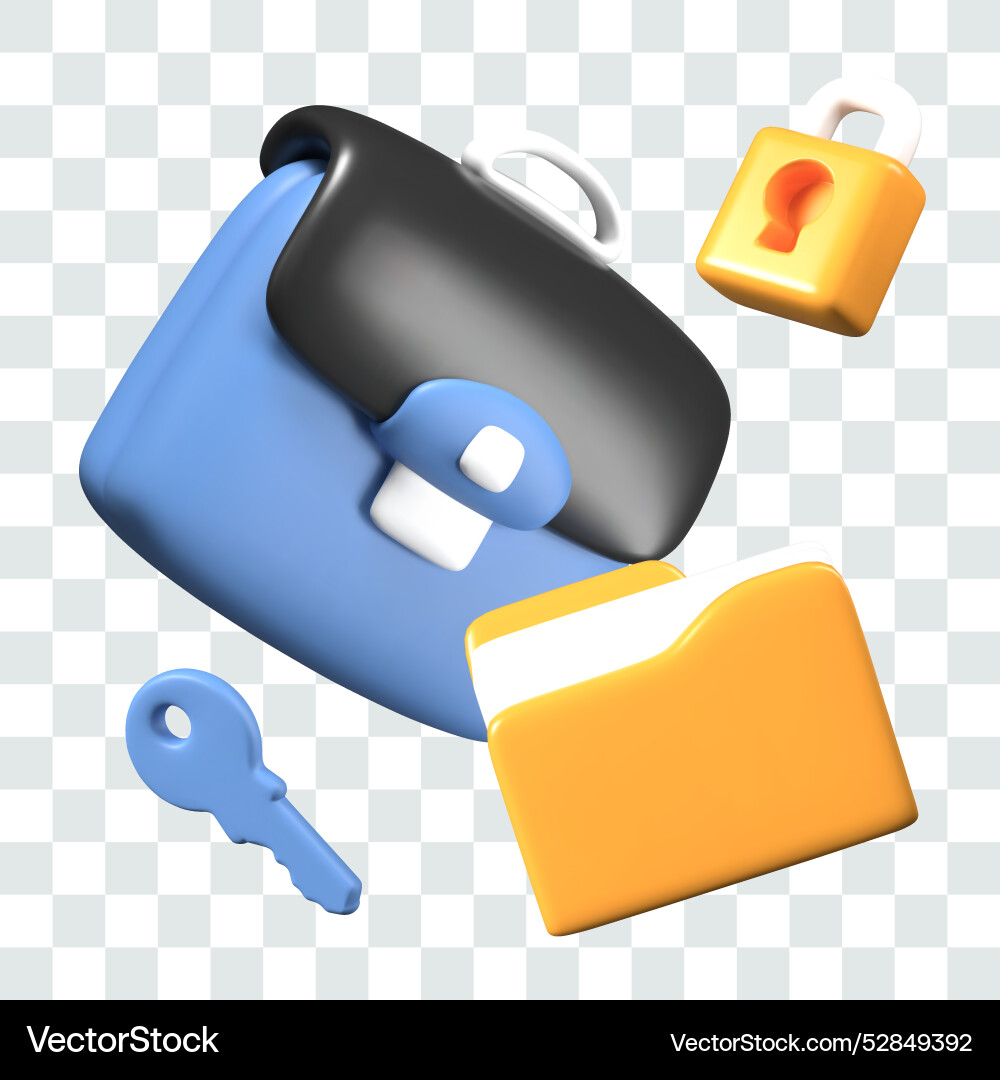 3d briefcase folder with documents lock key 3d briefcase folder with documents lock key vector image