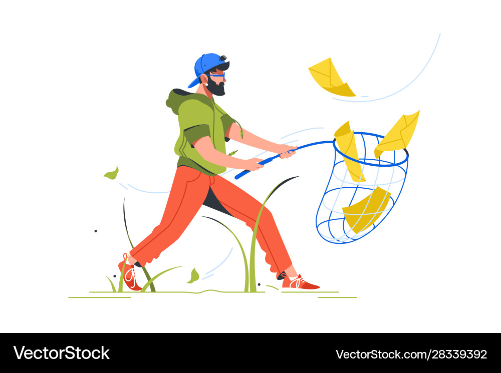 Bearded man cathing mail with notification setting Bearded man cathing mail with notification setting vector image