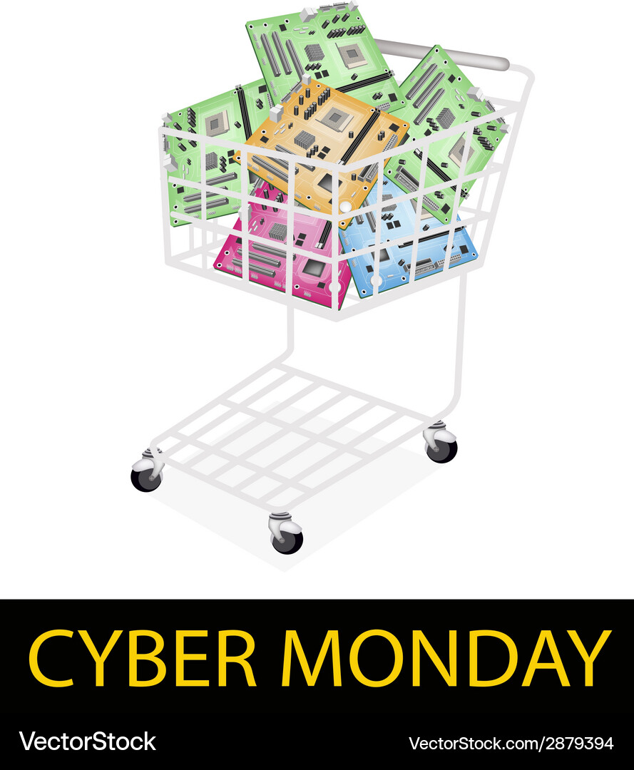Computer motherboard in cyber monday shopping cart Vector Image