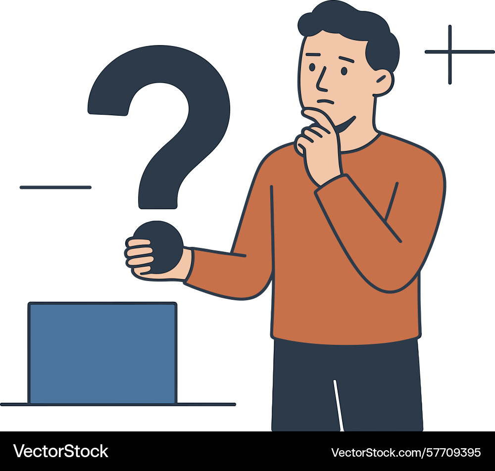 Man standing by a box holding question mark Man standing by a box holding question mark Vector Image
