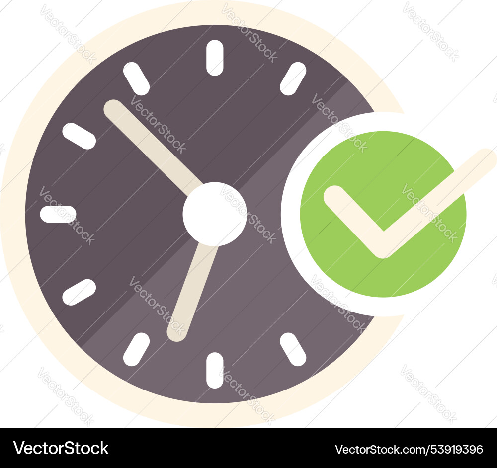 Clock showing time passing with check mark symbol Clock showing time passing with check mark symbol vector image