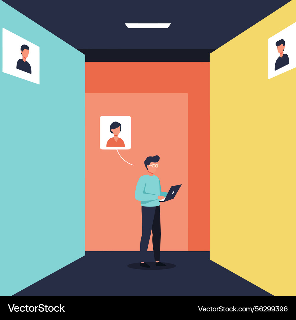 Man using laptop in colorful room with floating Vector Image
