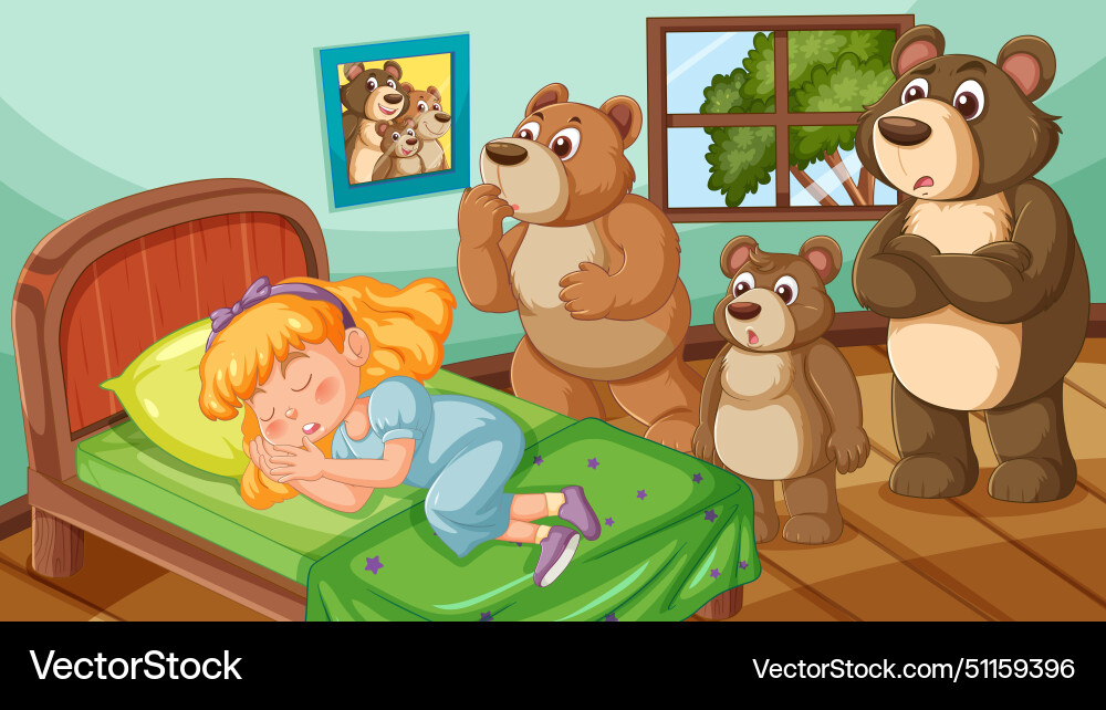 Three bears discover goldilocks sleeping in bed Three bears discover goldilocks sleeping in bed vector image