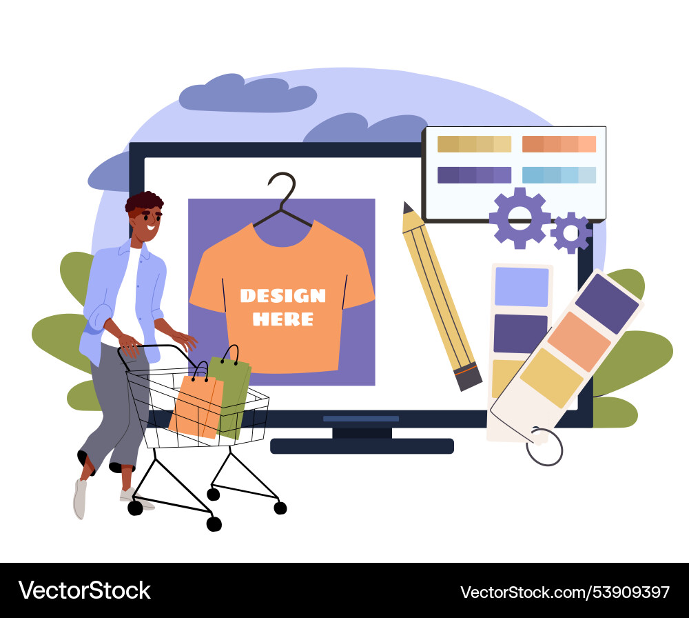 Website design development man with cart near Website design development man with cart near Vector Image