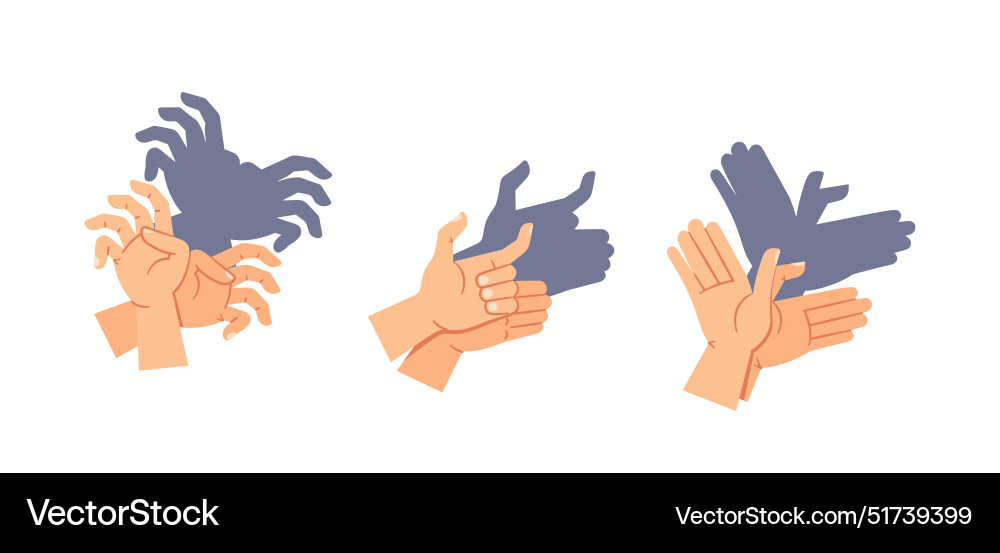 Hands creating various shadow puppets including vector image
