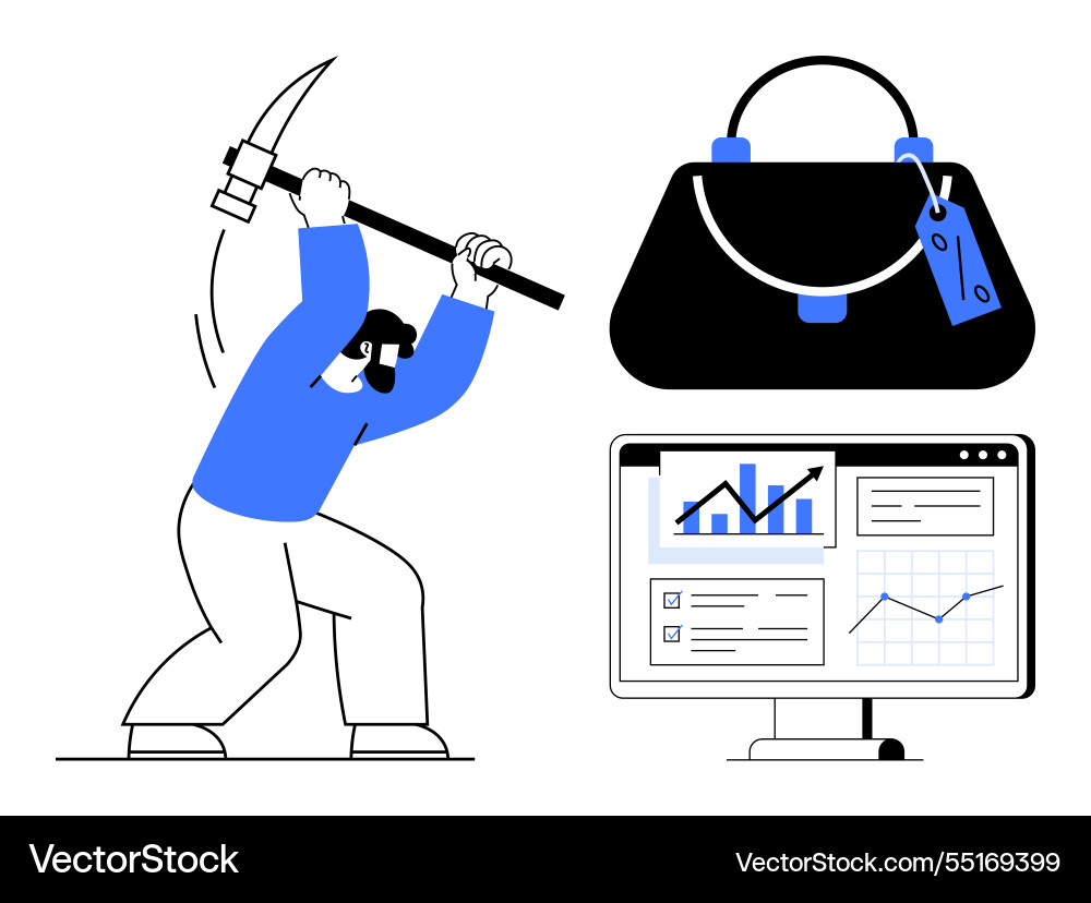 Miner swinging pickaxe near briefcase and computer Miner swinging pickaxe near briefcase and computer vector image
