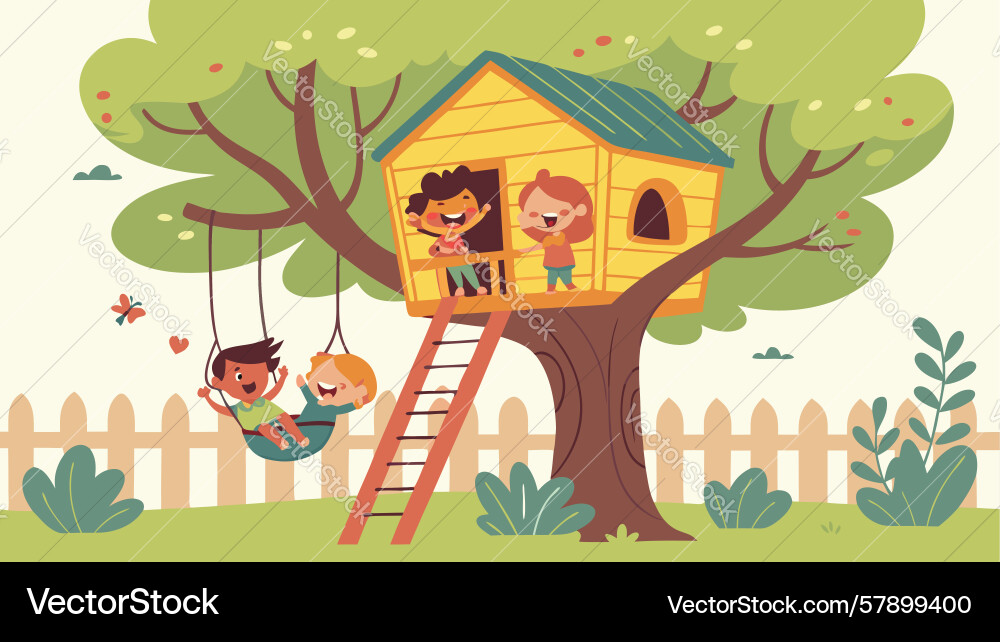 Children playing in treehouse with swing design Vector Image