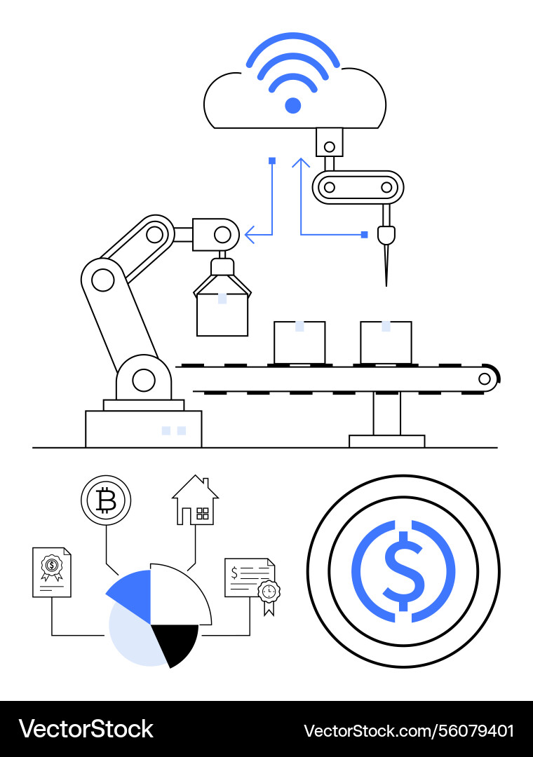 Automated factory with robotic arm and cloud Automated factory with robotic arm and cloud vector image