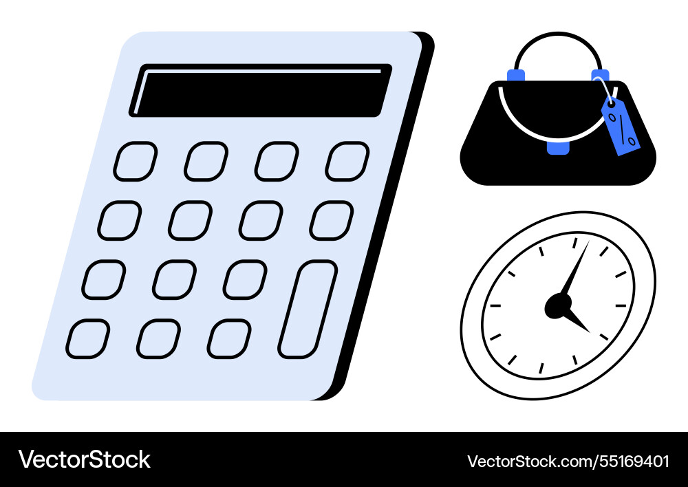 Calculator with handbag and clock representing vector image