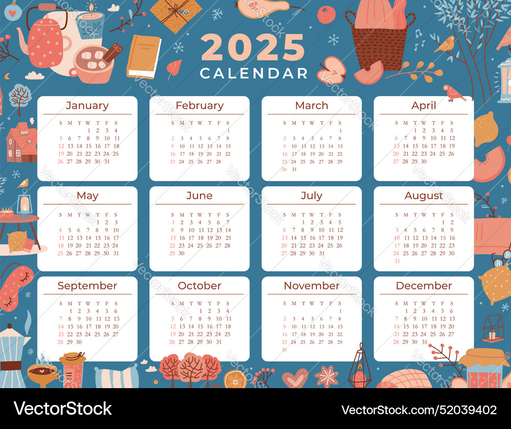 Printable hand drawn one sheet calendar for 2025 – Royalty-Free Vector |  VectorStock, image size:1000x840