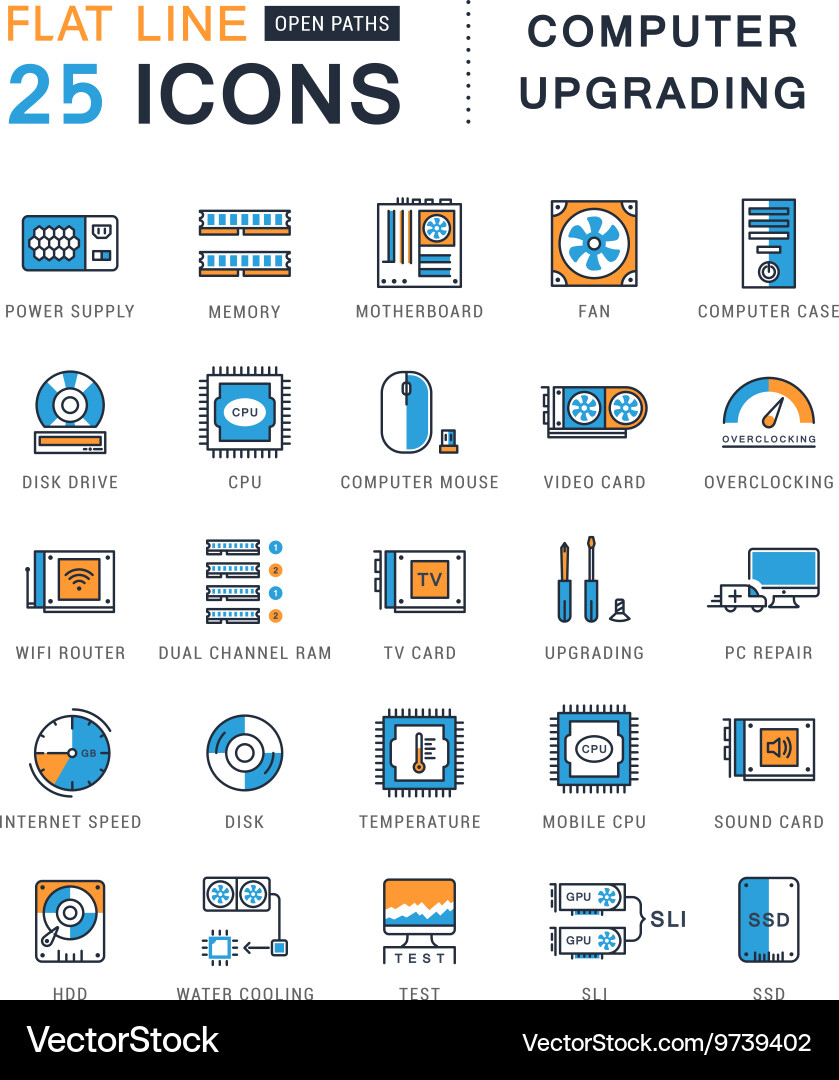 Set flat line icons upgrading computer vector image