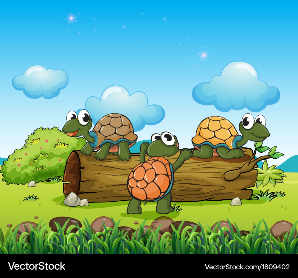Three turtles playing with the log Vector Image