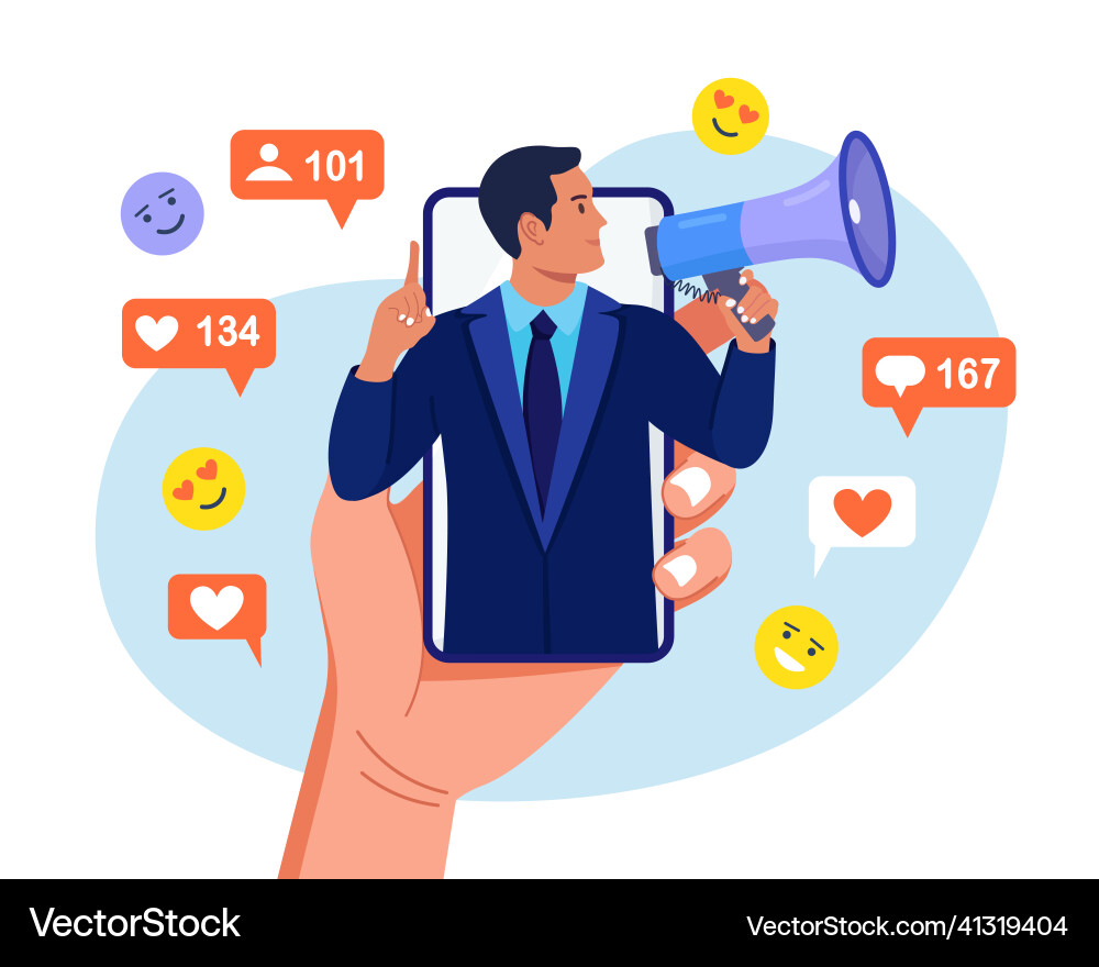 Man shouting in loudspeaker on smartphone screen Vector Image