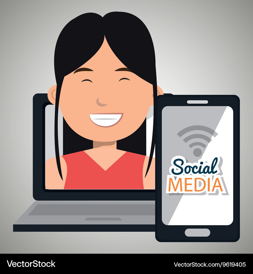 Laptop user with social networking smartphone Vector Image