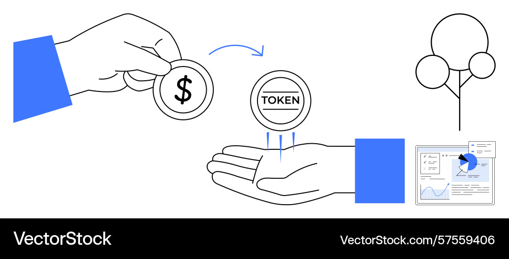Hand exchanging dollar coin for token with data Hand exchanging dollar coin for token with data vector image