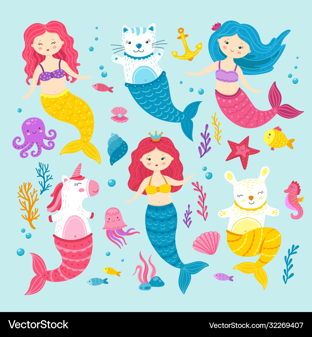 Cat unicorn mermaid graphic happy magic mermaids Cat unicorn mermaid graphic happy magic mermaids vector image