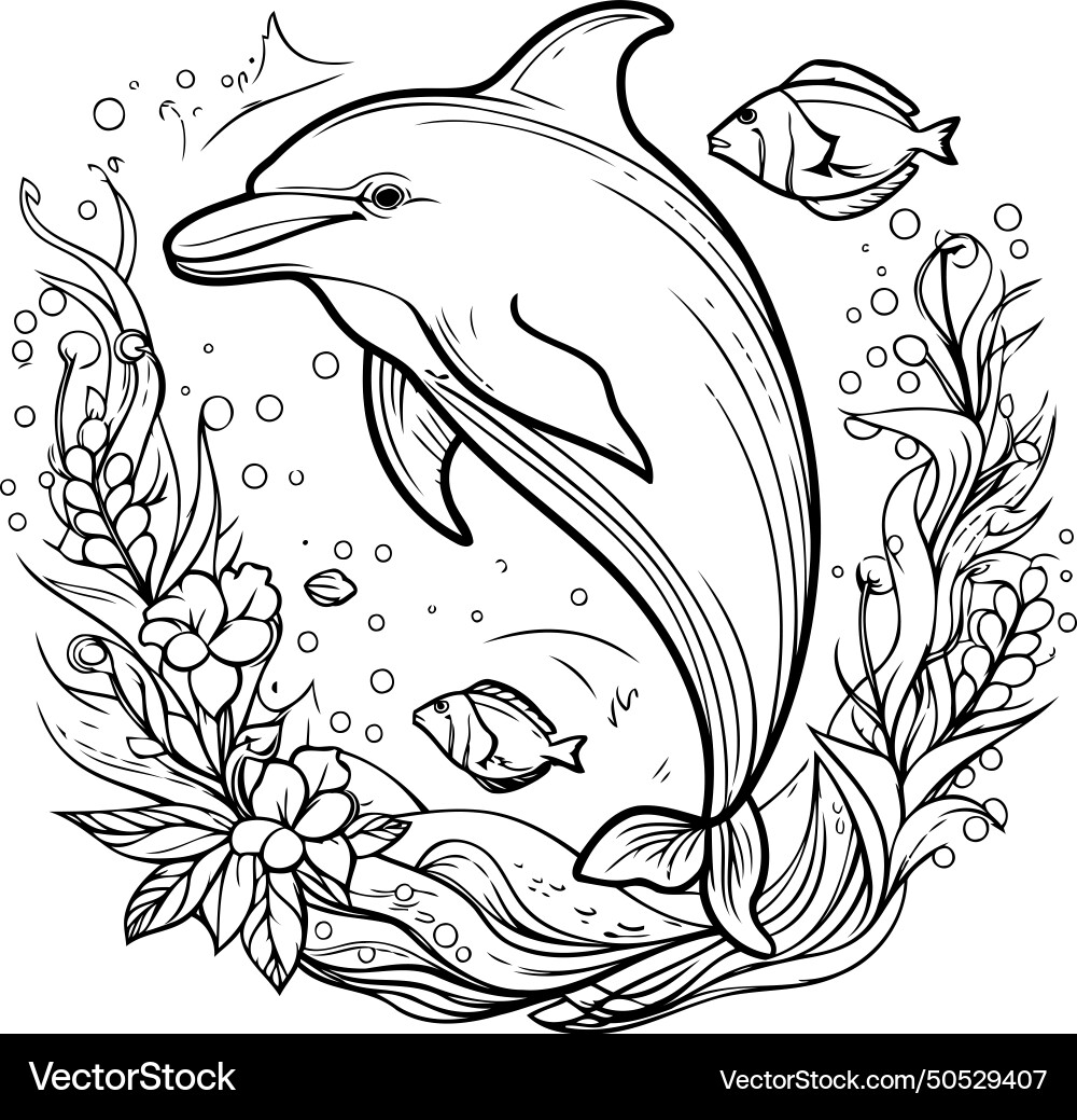 Dolphin with algae and fish coloring book Vector Image