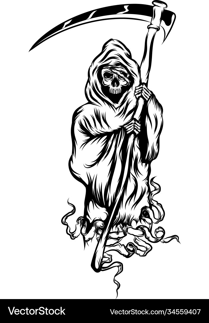 Grim reaper standing and holding scythe Royalty Free Vector