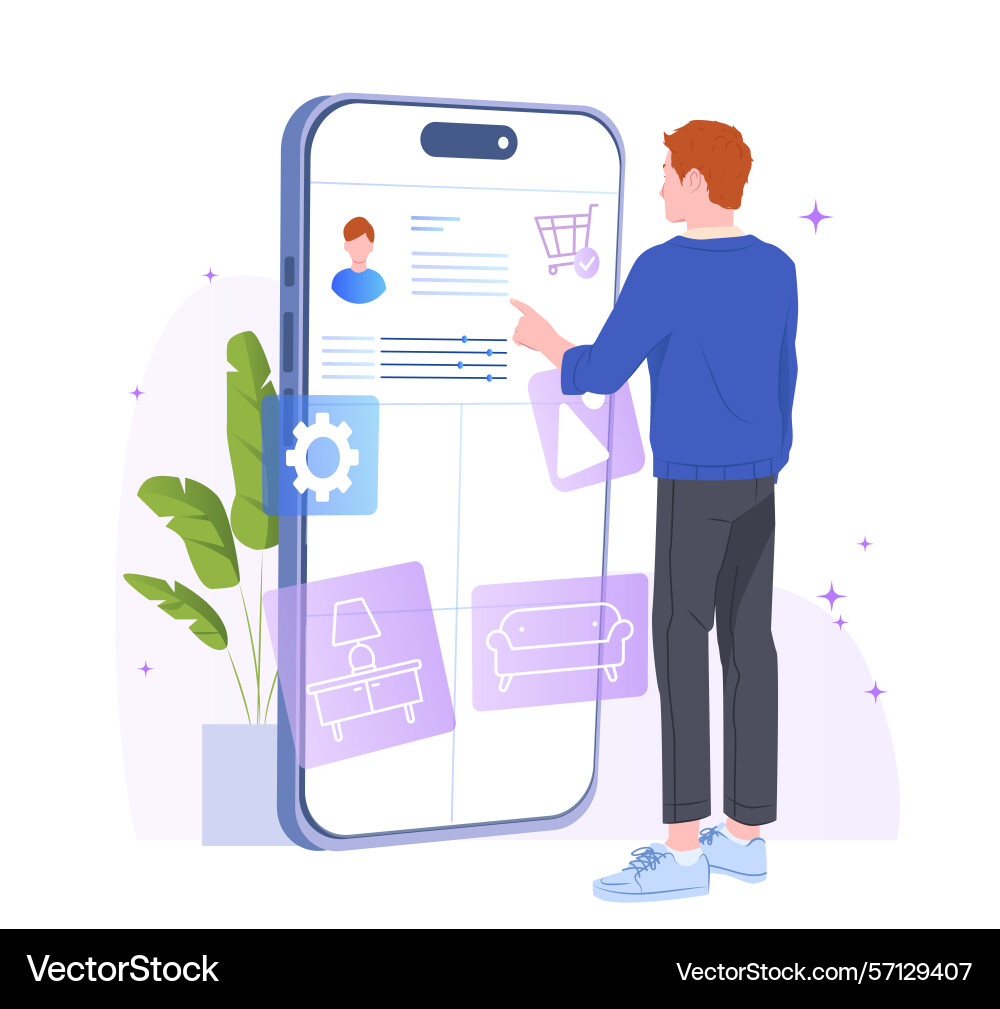 Man interacting with smart shopping app Man interacting with smart shopping app vector image