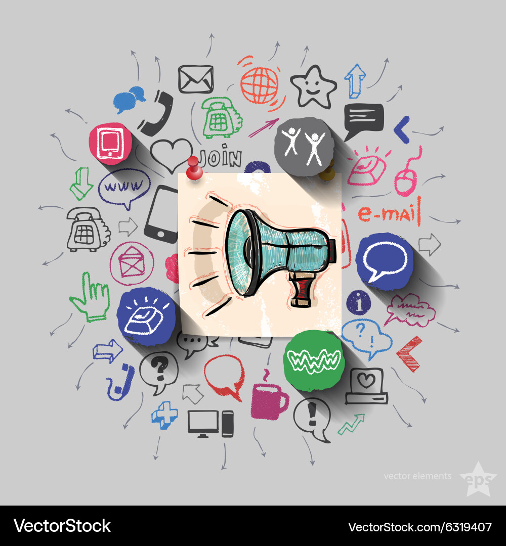 Speaker and collage with web icons background vector image