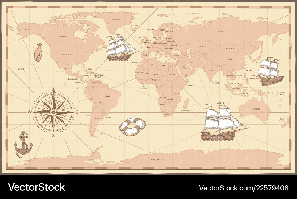 Antique world map vintage compass and retro ship Antique world map vintage compass and retro ship vector image