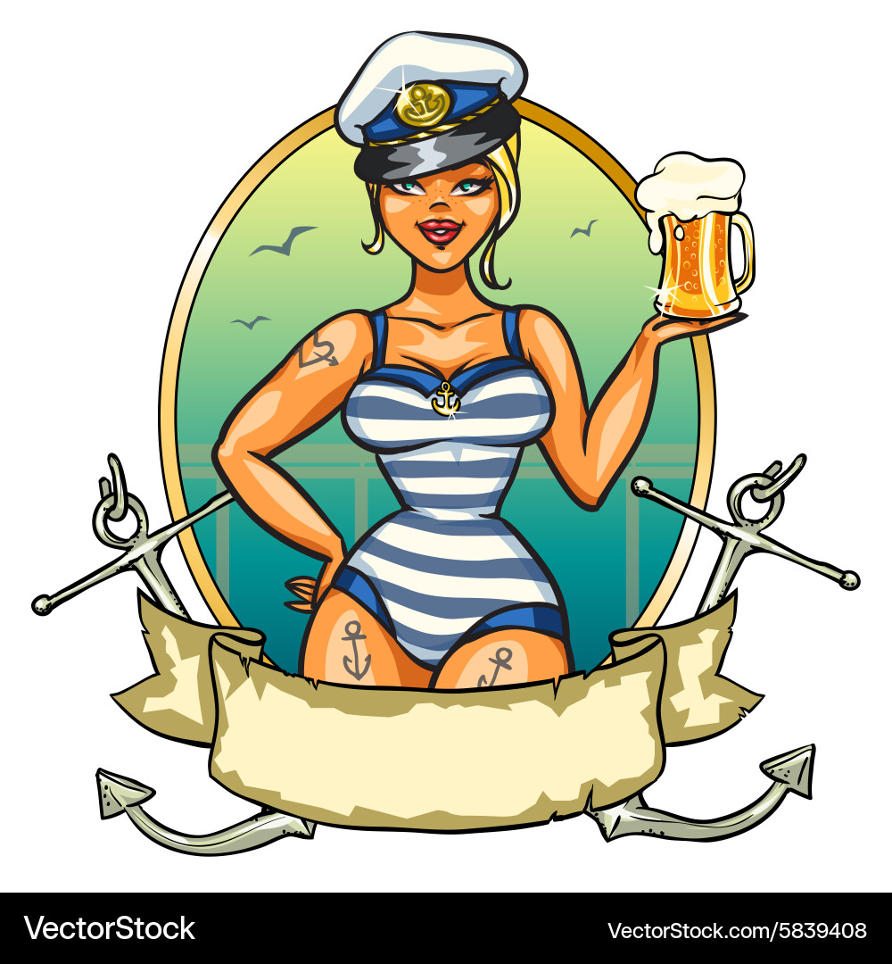 Retro Pin-Up Sailor Girl with Beer vector image