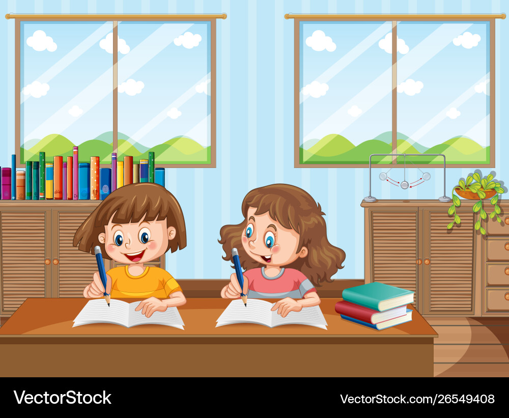 Two young girls studying at home Two young girls studying at home vector image