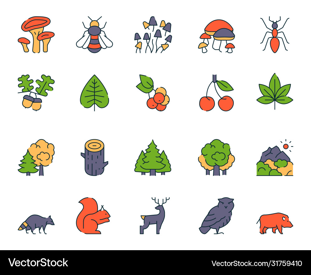 Color linear icon set forest objects Color linear icon set forest objects vector image