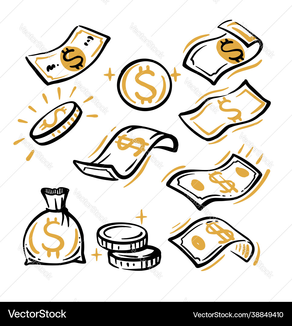 Hand drawn doodle dollar banknotes Royalty Free Vector Image