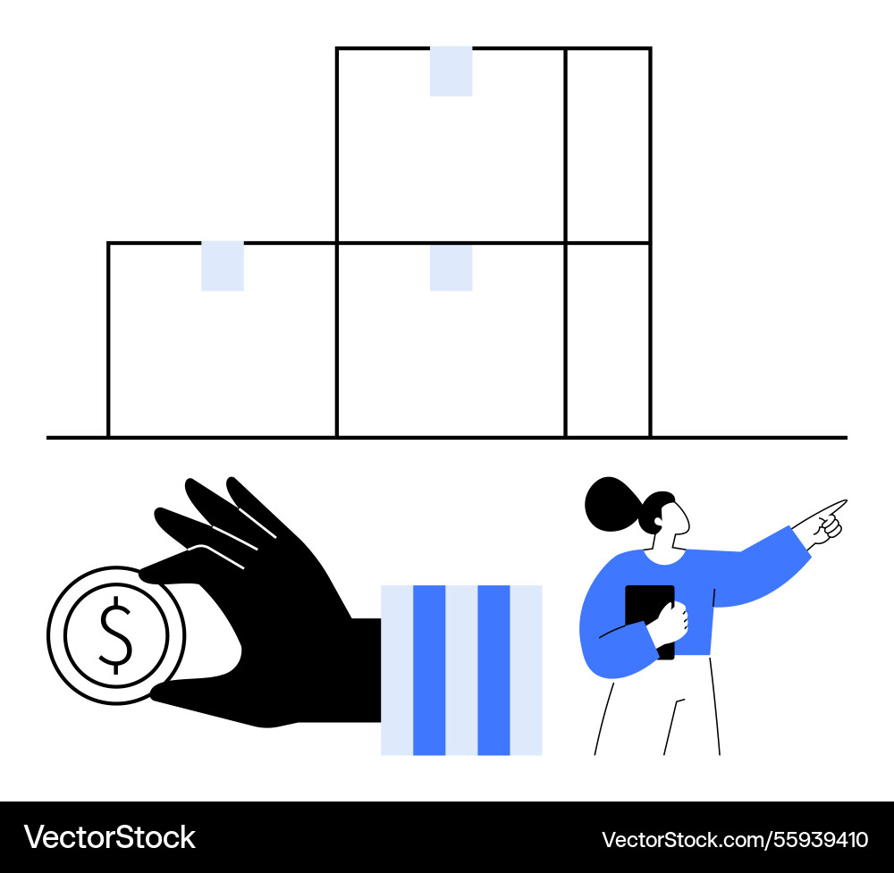 Woman strategizing next steps with stack of boxes Woman strategizing next steps with stack of boxes Vector Image