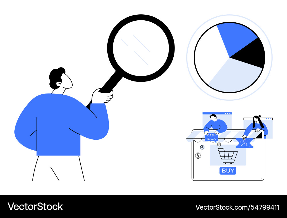 Man examining data with magnifying glass pie Vector Image