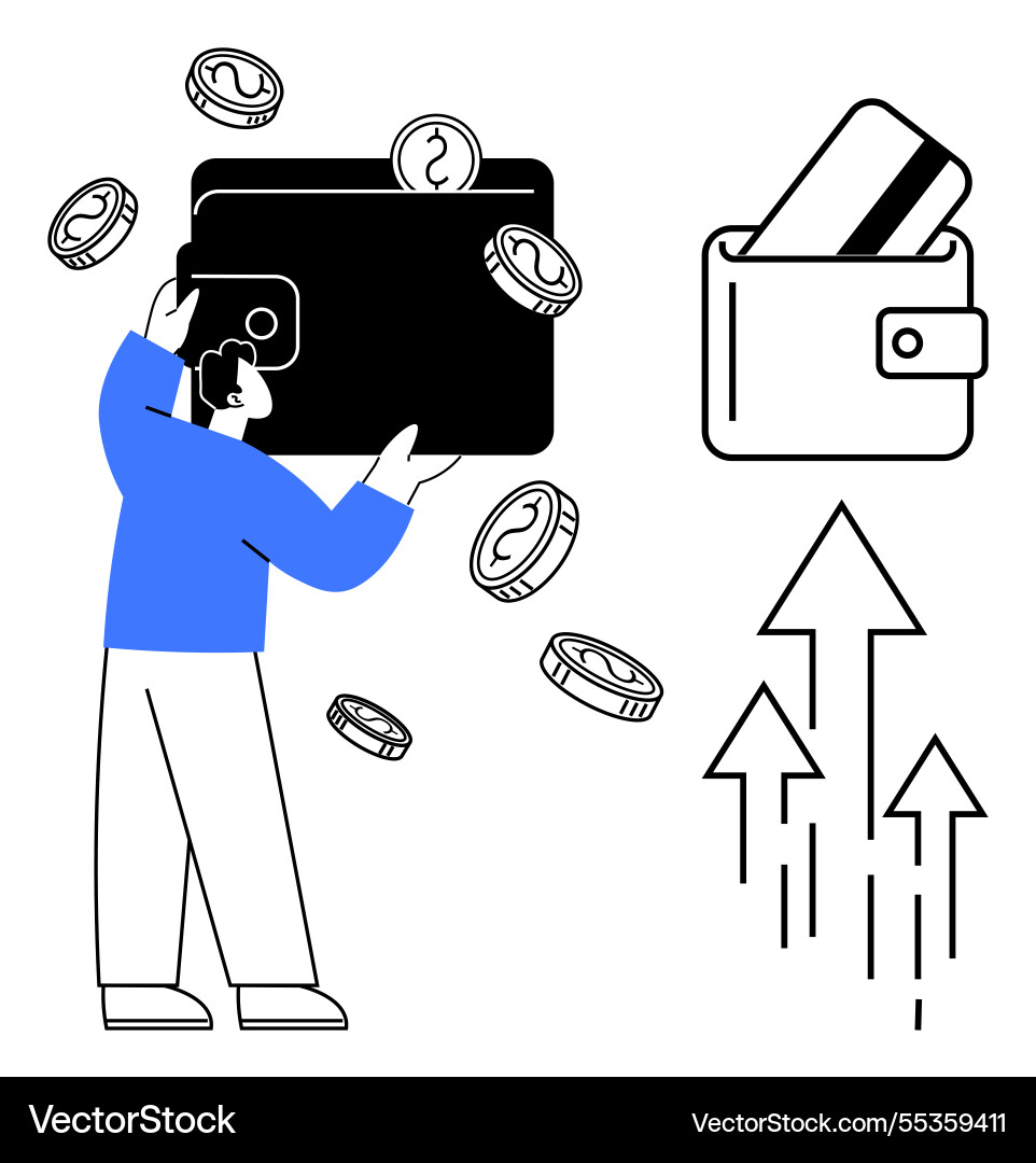 Man holding large wallet with floating coins Man holding large wallet with floating coins vector image
