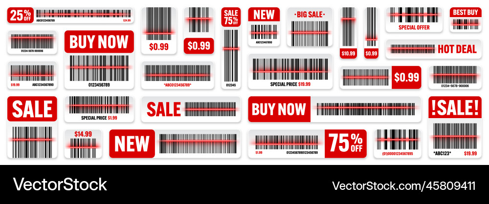 Set of product barcodes with red scanning line Set of product barcodes with red scanning line vector image