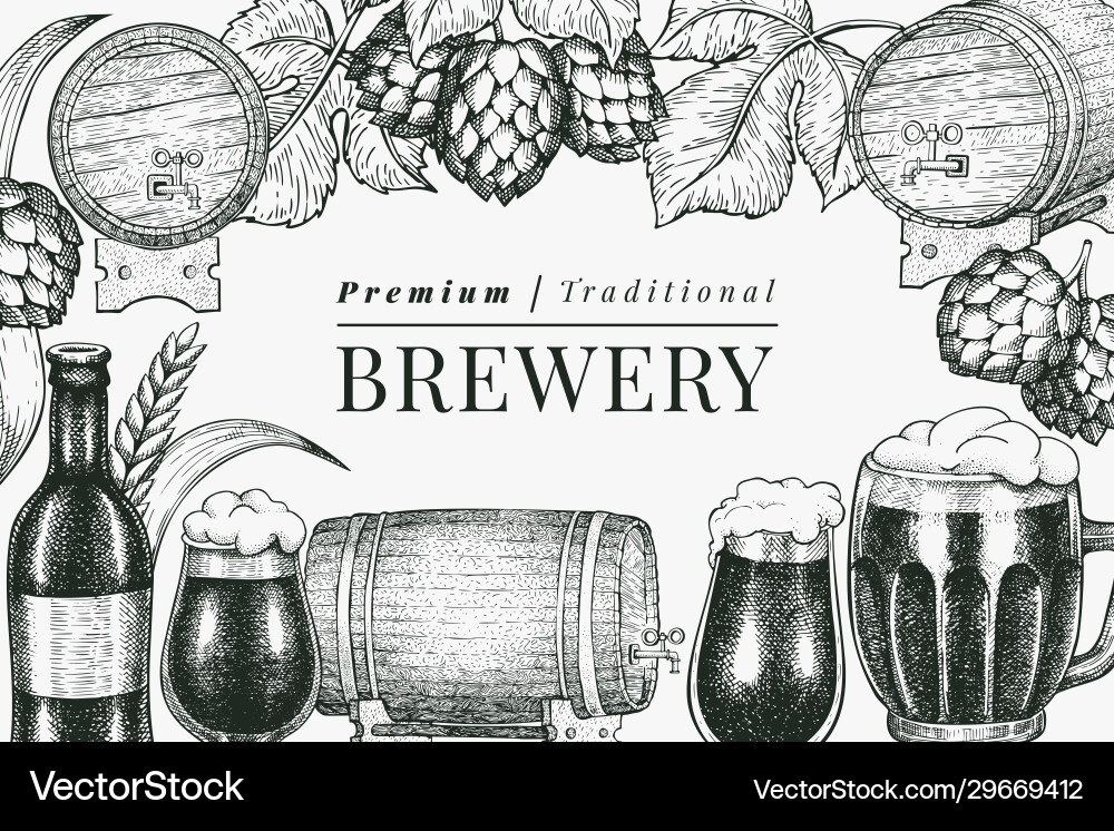Beer glass mug and hop design template hand drawn Beer glass mug and hop design template hand drawn vector image