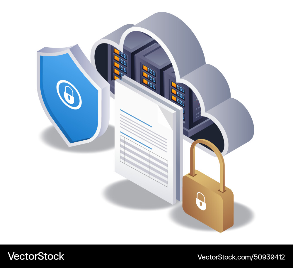 Cloud server data security lock flat isometric 3d Cloud server data security lock flat isometric 3d vector image