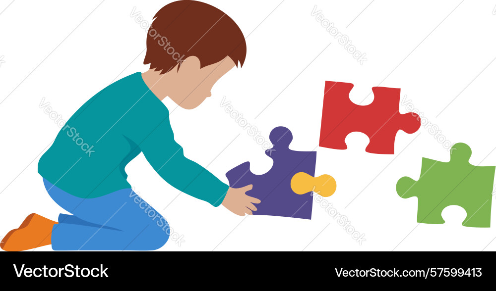 Child completing a puzzle focused problem-solving Vector Image