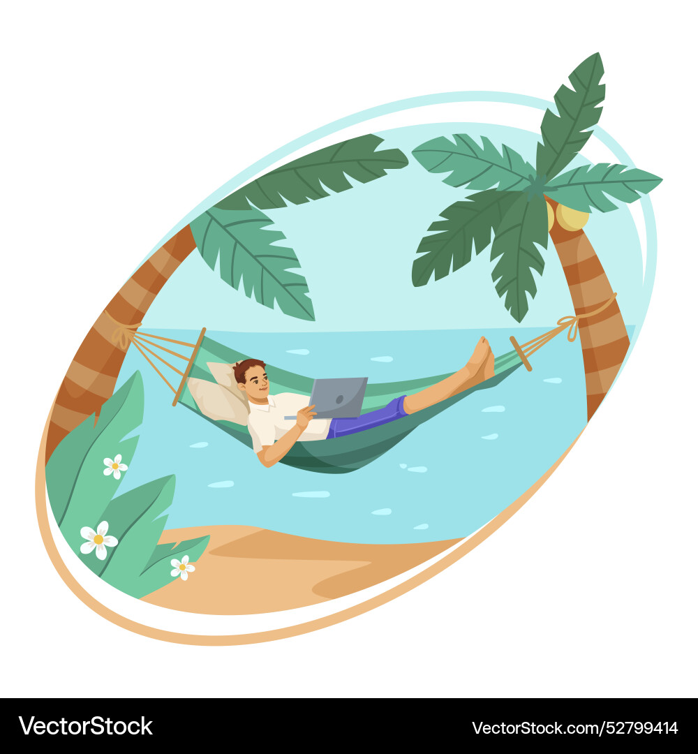 Man relaxing in a hammock under palm trees Man relaxing in a hammock under palm trees vector image