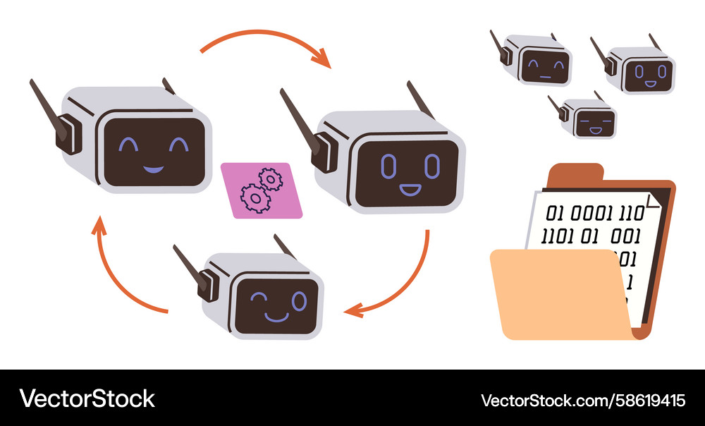 Collaborative robots exchanging data in a workflow Vector Image