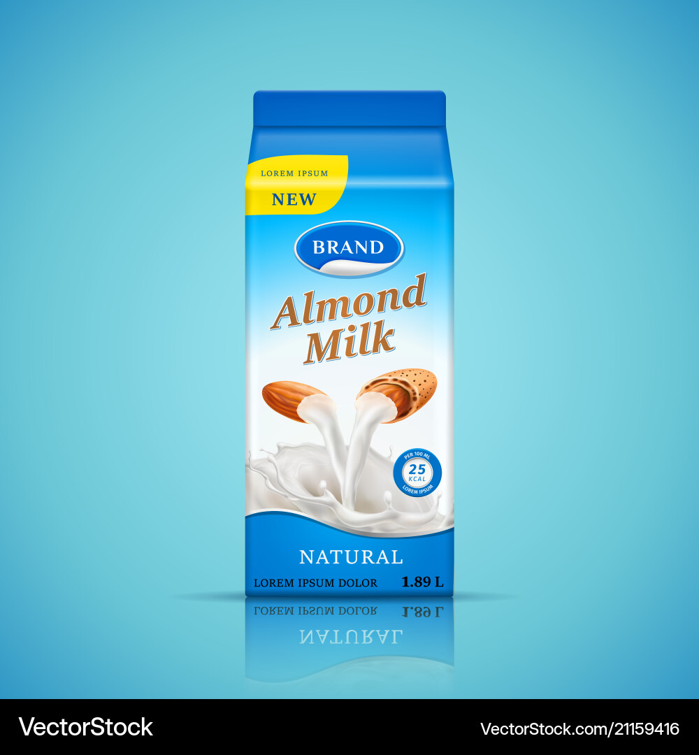 Almond milk packaging design liquid pours down Almond milk packaging design liquid pours down vector image