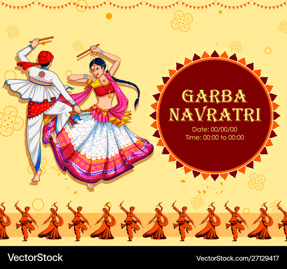 Couple playing dandiya in disco garba night banner Couple playing dandiya in disco garba night banner vector image