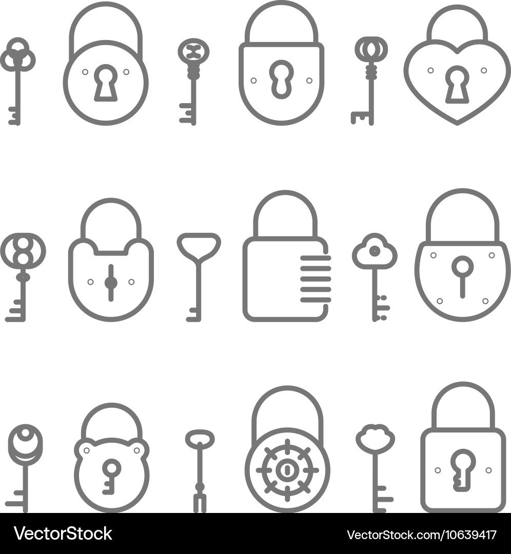 Lock keyhole and keys line art icons set vector image